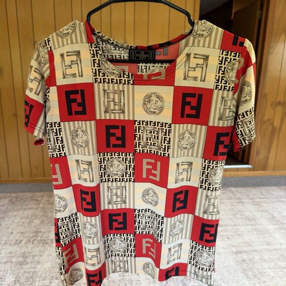 Fendi Tops - Vintage Fendi Jeans Logo Coin Print Shirt Size M Red Brown Top Women’s Blouse